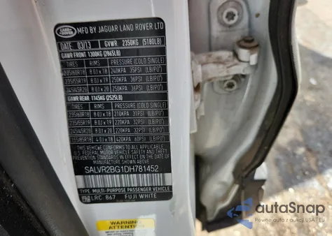 2013 Land Rover Range Rover Evoque Pure Premium z USA, uszkodzony, nr VIN SALVR2BG1DH781452